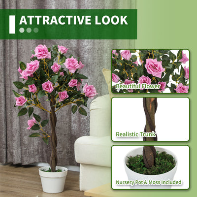Outsunny Set of 2 Artificial Plants White Rose Floral in Pot, Fake Plants for Home Indoor Outdoor Decor, 90cm, Purple 