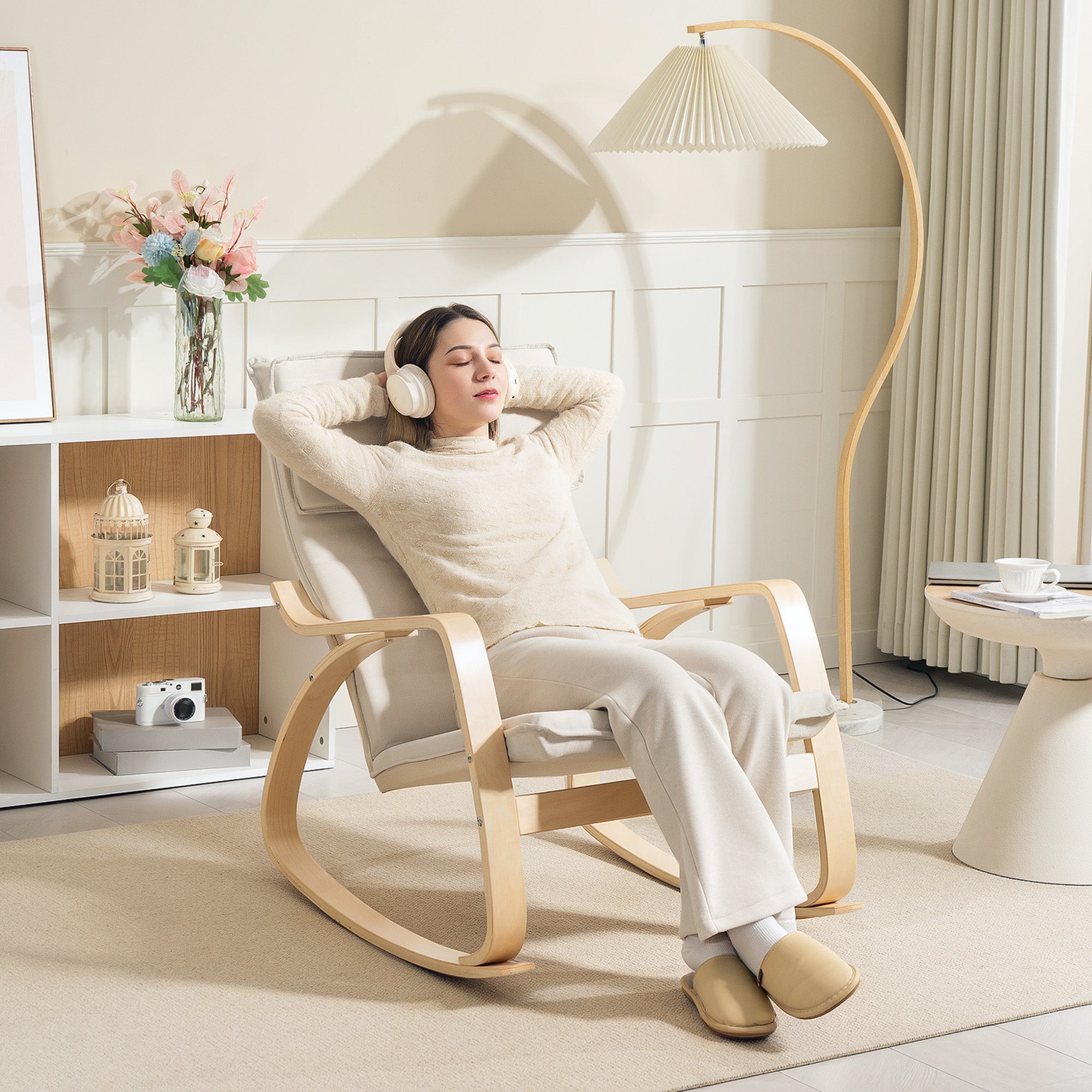 HOMCOM Comfortable Relax Rocking Chair, Upholstered Lounge Chair Recliner with High Back and Headrest for Living Room, Bedroom, Cream White 