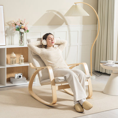 HOMCOM Comfortable Relax Rocking Chair, Upholstered Lounge Chair Recliner with High Back and Headrest for Living Room, Bedroom, Cream White 