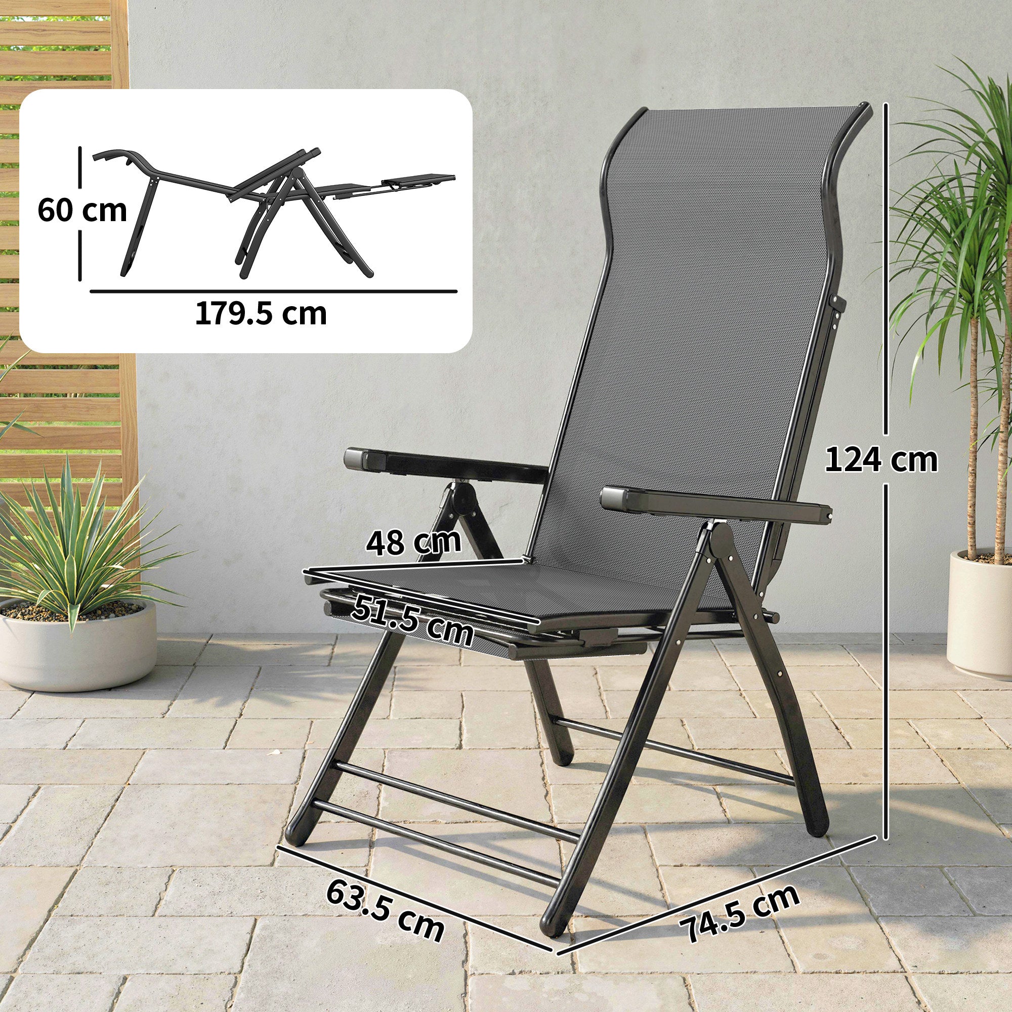 Outsunny Reclining Garden Chairs Set of 2, 5-Position Folding Sun Loungers with High Back, Retractable Footrest, Dark Grey 