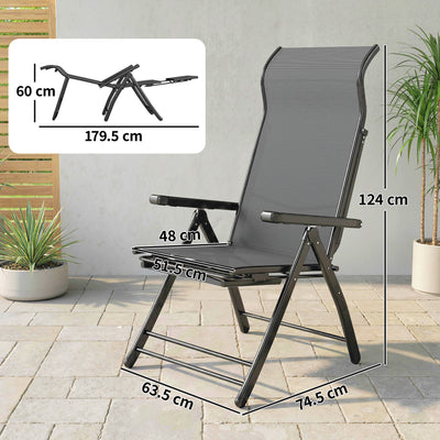 Outsunny Reclining Garden Chairs Set of 2, 5-Position Folding Sun Loungers with High Back, Retractable Footrest, Dark Grey 