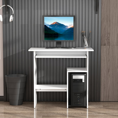 HOMCOM Compact Small Computer Table Wooden Desk Keyboard Tray Storage Shelf Modern Corner Table Home Office White 