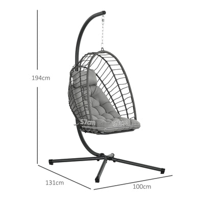 Outsunny Outdoor PE Rattan Swing Chair with Cushion, Garden Foldable Basket Patio Hanging Egg Chair with Metal Stand, Headrest, for Indoor and Outdoor, Light Grey 