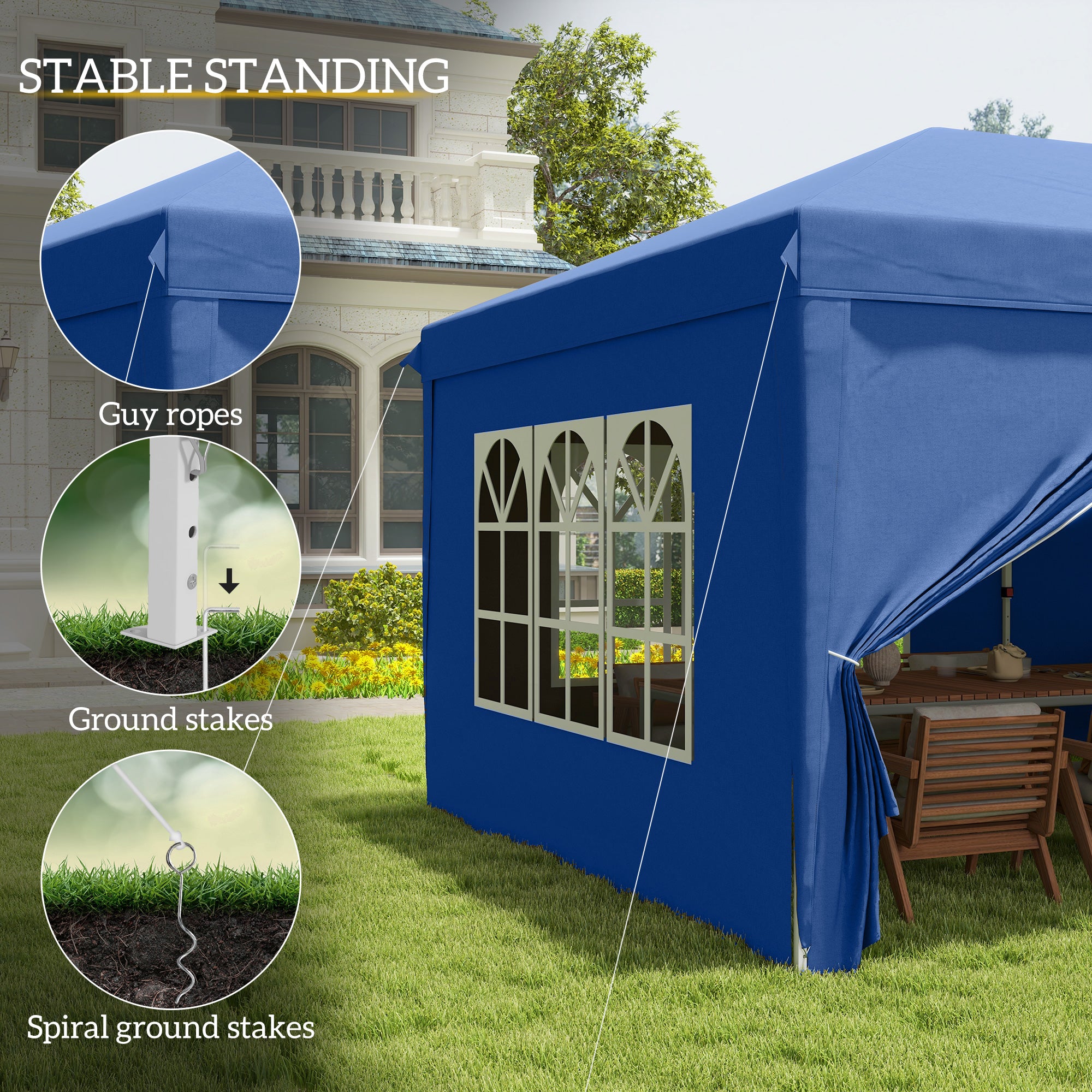 Outsunny 3 x 6 m Pop Up Gazebo with Sides and Windows, Height Adjustable Wedding Camping Party Tent Canopy Marquee with Storage Bag for Garden, Event, Blue
