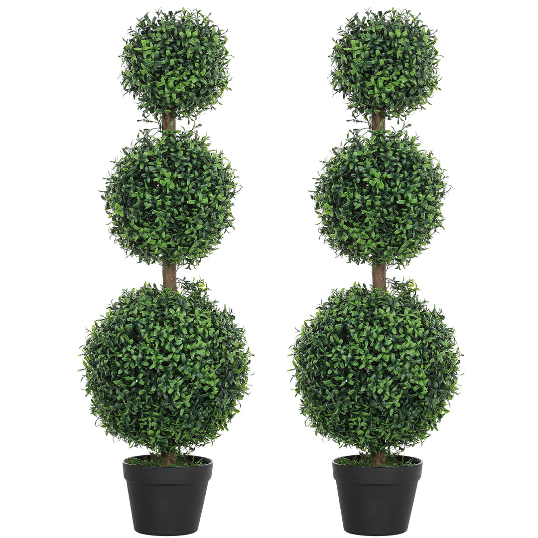 HOMCOM Set of 2 Decorative Artificial Plants, Topiary Ball-shaped Boxwood Trees in Pot, Fake Plants for Home Indoor outdoor Decor, 100cm, Green 