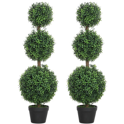 HOMCOM Set of 2 Decorative Artificial Plants, Topiary Ball-shaped Boxwood Trees in Pot, Fake Plants for Home Indoor outdoor Decor, 100cm, Green 