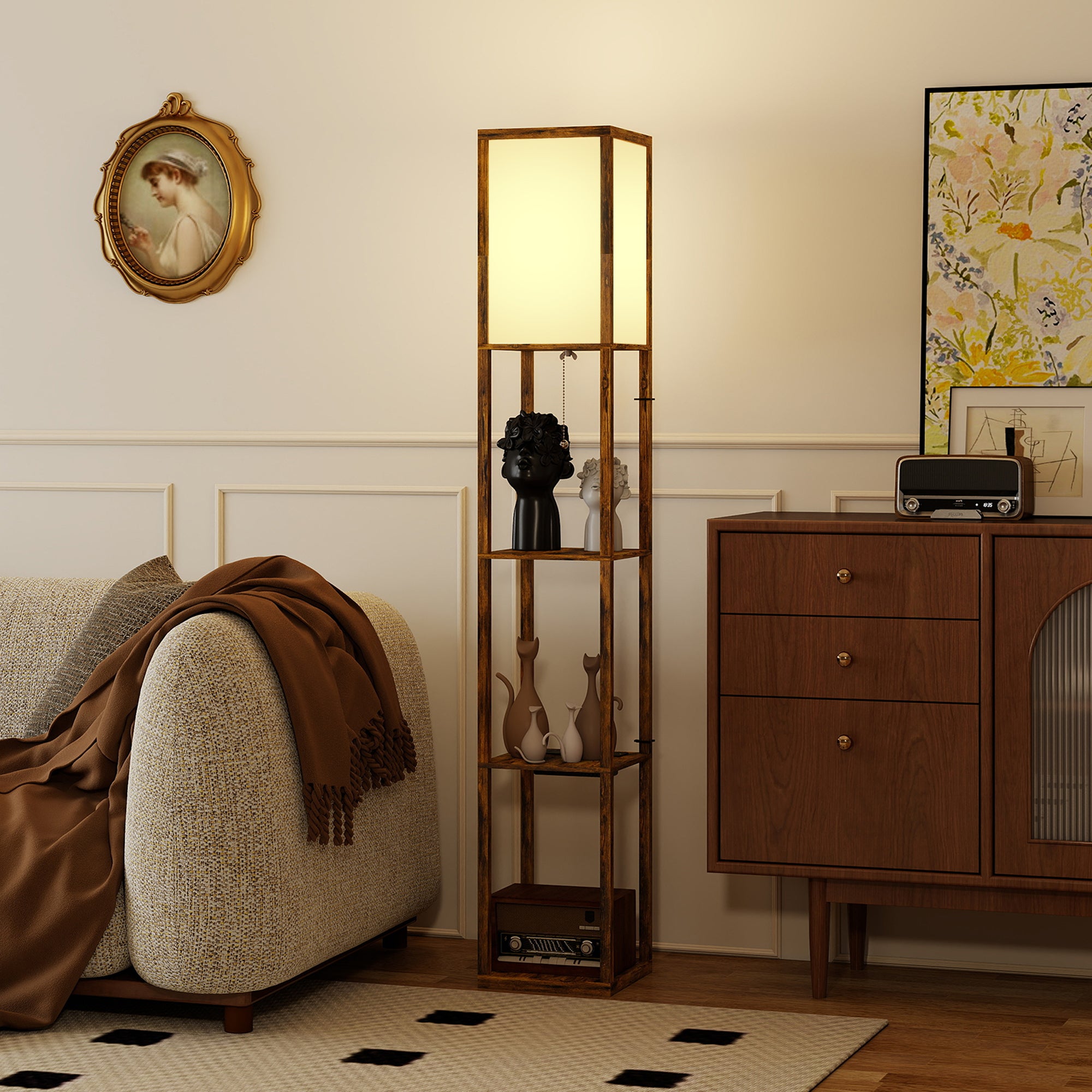 HOMCOM Floor Lamp with Shelves, 4 Layer Standing Lamp with USB Ports, 3 Colour Temperature, Rustic Brown 