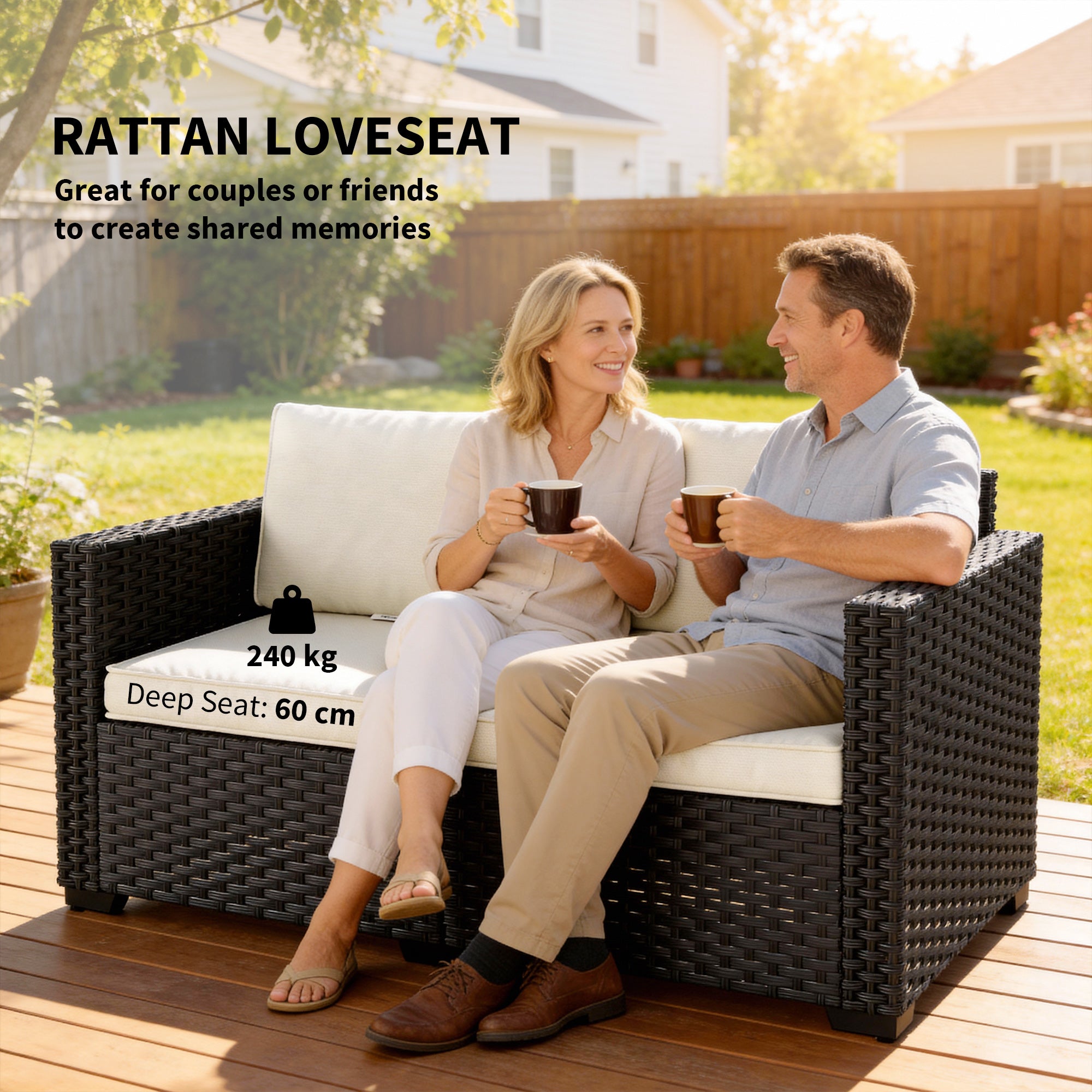 Outsunny 2 Seater Rattan Sofa, Outdoor Garden Sofa with Deep Seat, Cushions, Wide Armrests for Patio, Balcony, Porch, Black 