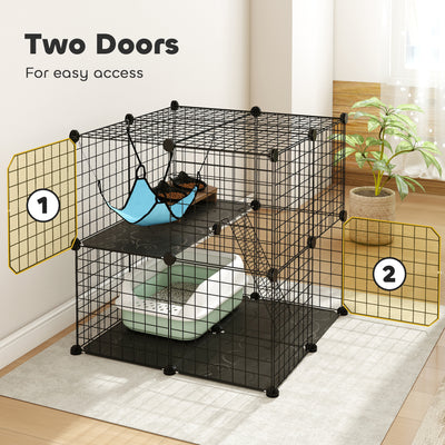 PawHut Indoor Cat Cage DIY Customizable 2-Tier Indoor Cat Enclosure with 2 Doors and Hammock 70 cm Black 