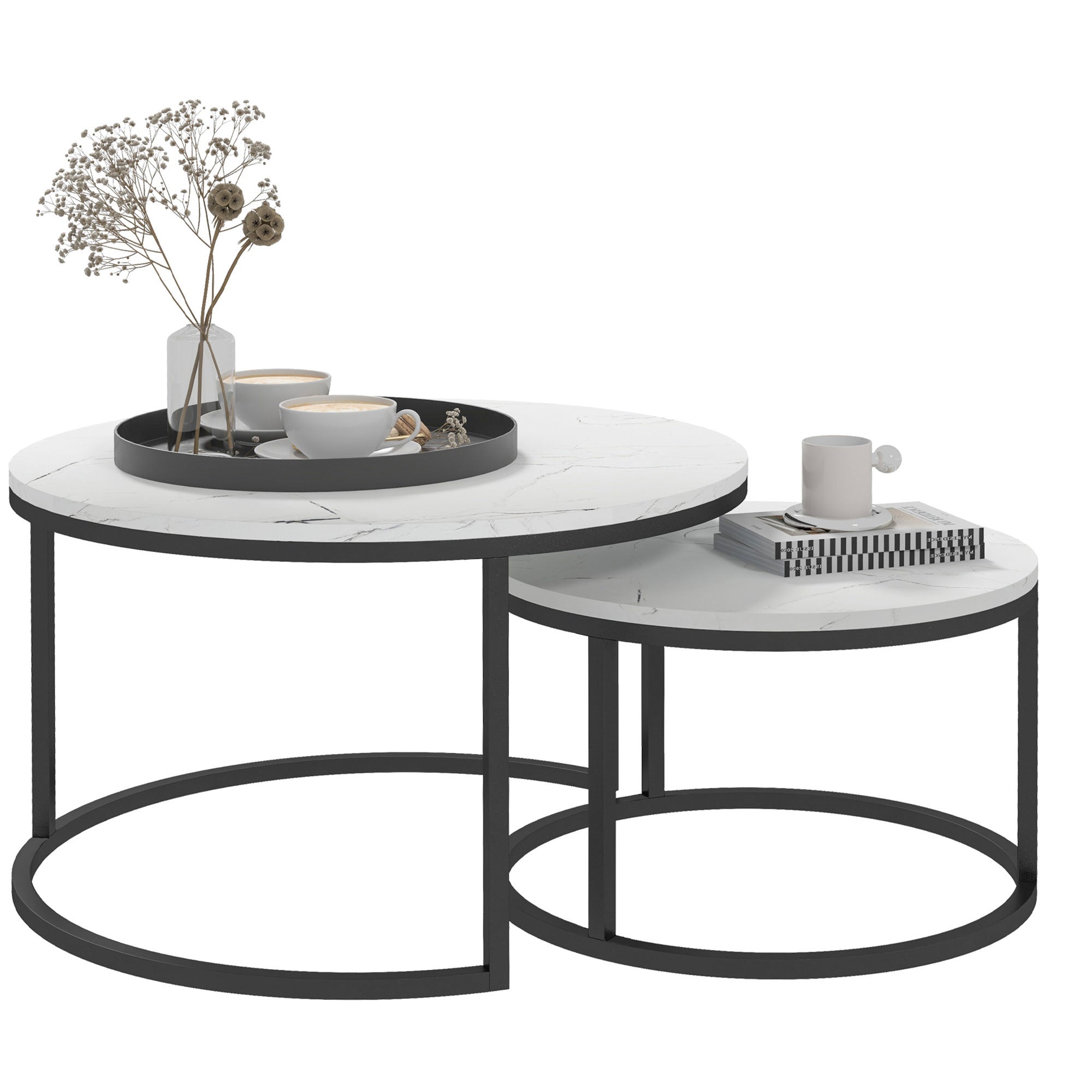 HOMCOM Set of Two Marble-Effect Stacking Tables - Black/White 