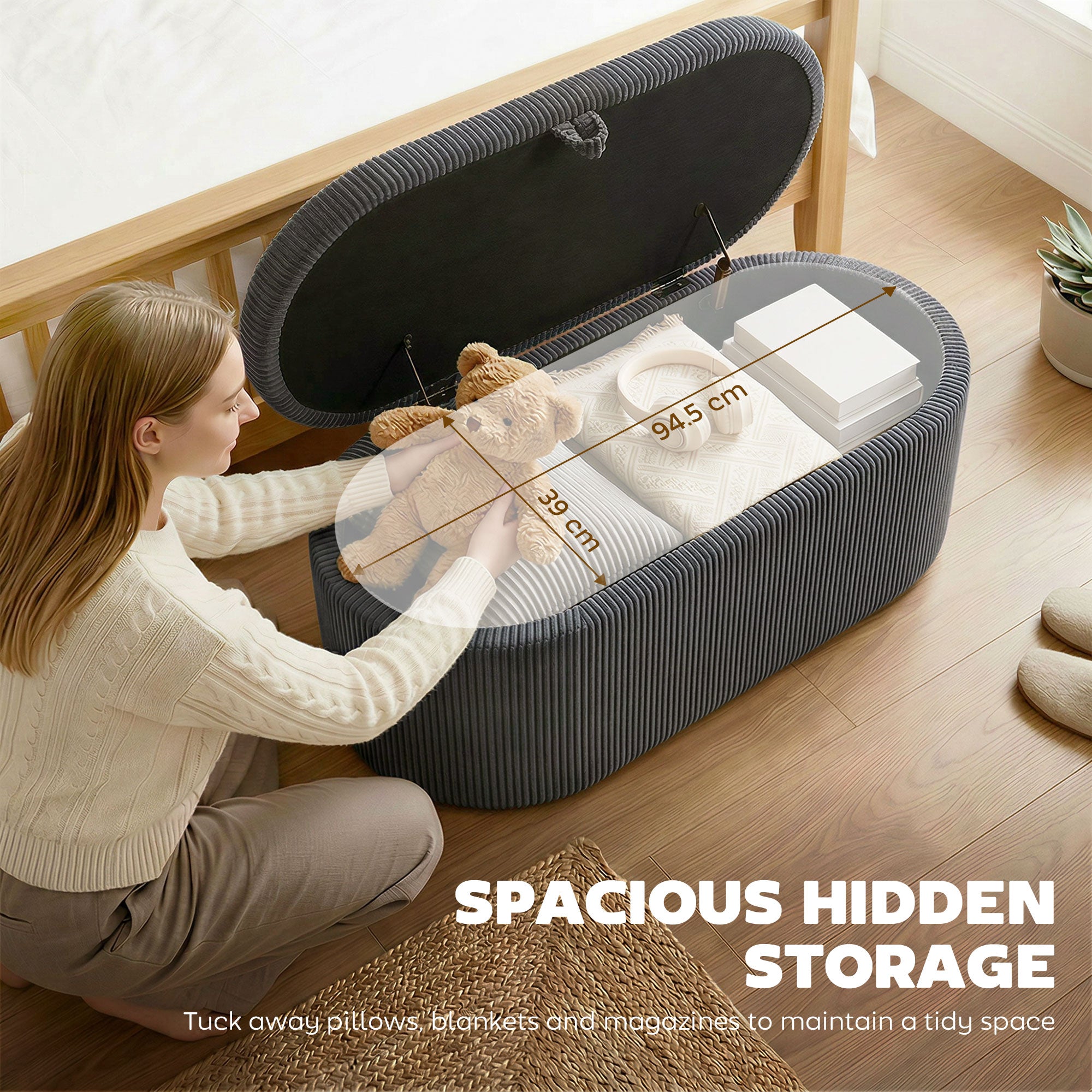HOMCOM Storage Ottoman, Corduroy Upholstered Ottoman Storage Box with Padded Seat, 105 x 51 x 49 cm, Dark Grey 