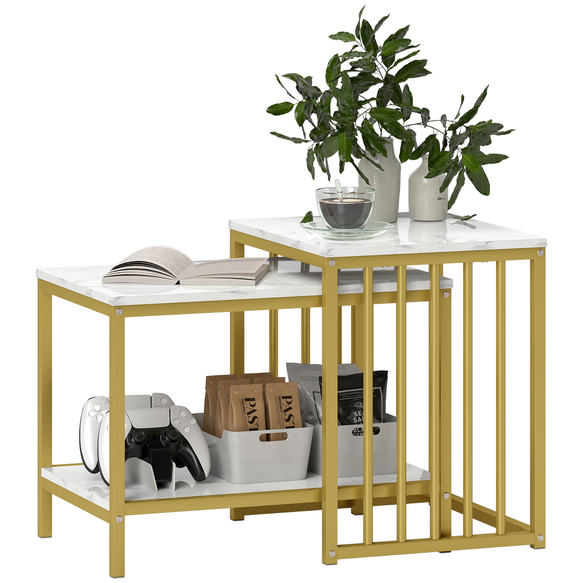HOMCOM Modern Coffee Table Set of Two, Marble-Effect Nesting Side Tables with Steel Frame for Living Room, Gold Tone 