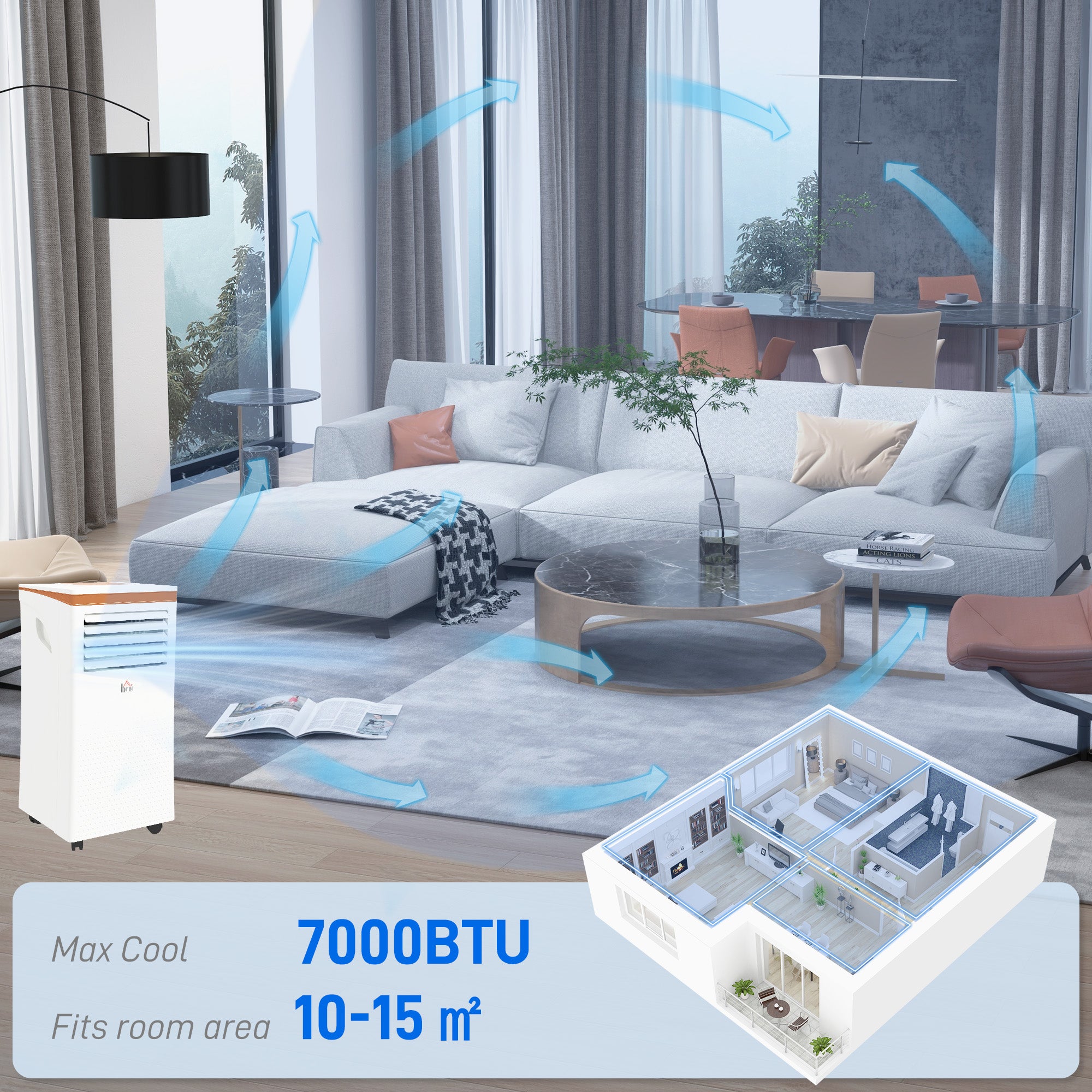 HOMCOM 7000 BTU Air Conditioning Unit, 3-in-1 Portable Air Conditioner, Dehumidifier, Cooling Fan with Remote, LED Display, 2 Speeds, 24H Timer, Window Venting Kit, 15m² 