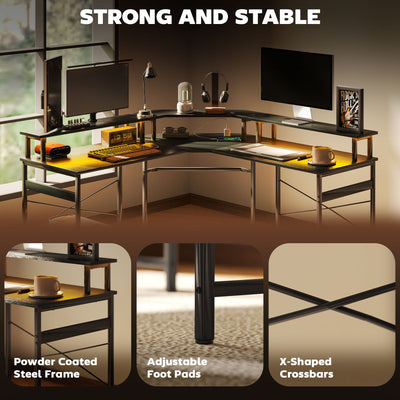 HOMCOM 'L' Shaped Work Desk, with LED Lights - Black 