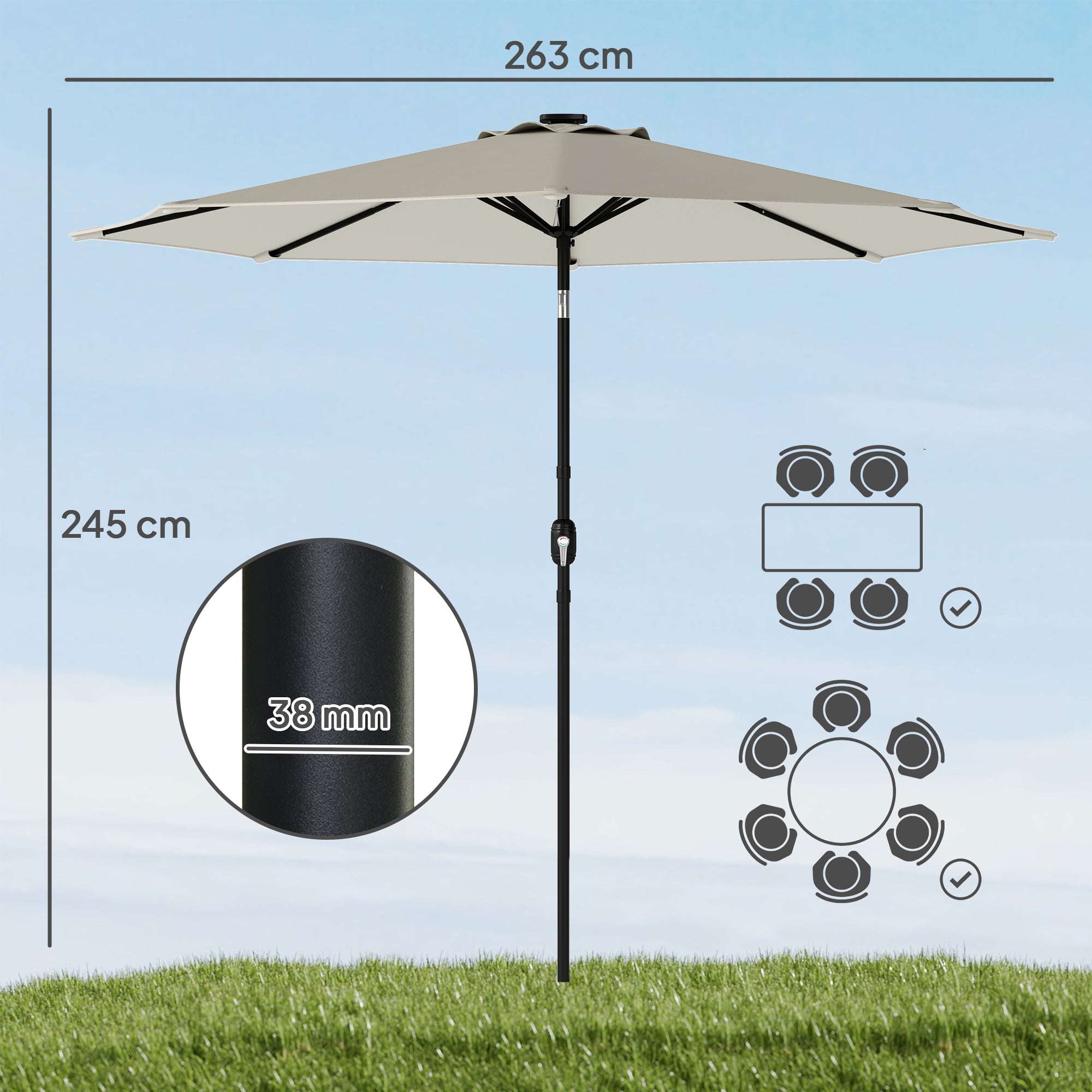 Outsunny 2.6 m Garden Parasol Umbrella with LED Solar Light, Parasol Cover, Outdoor Market Patio Umbrella, Light Grey 
