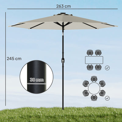 Outsunny 2.6 m Garden Parasol Umbrella with LED Solar Light, Parasol Cover, Outdoor Market Patio Umbrella, Light Grey 