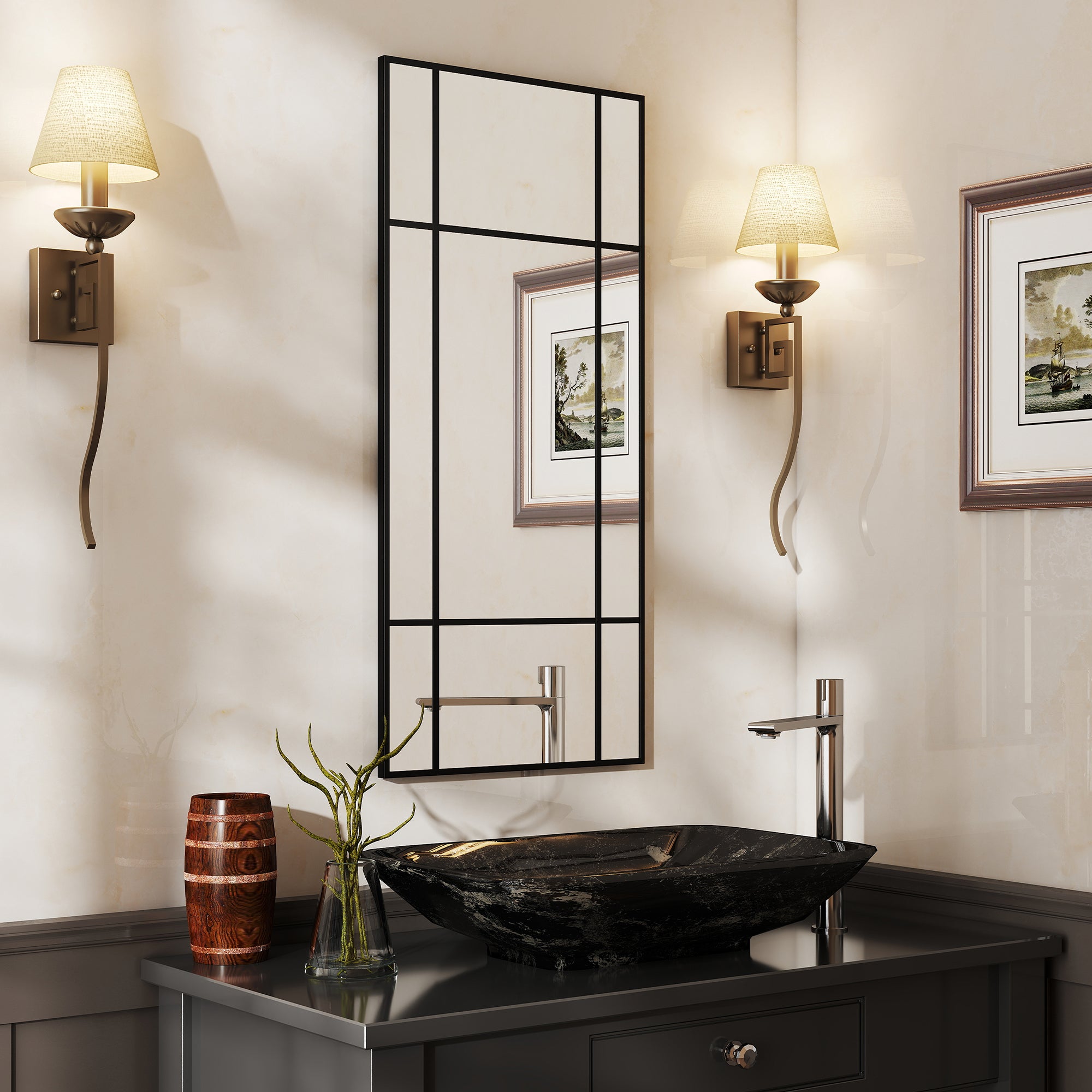 HOMCOM Decorative Grid Wall Mirror, with Back Hooks - Black 