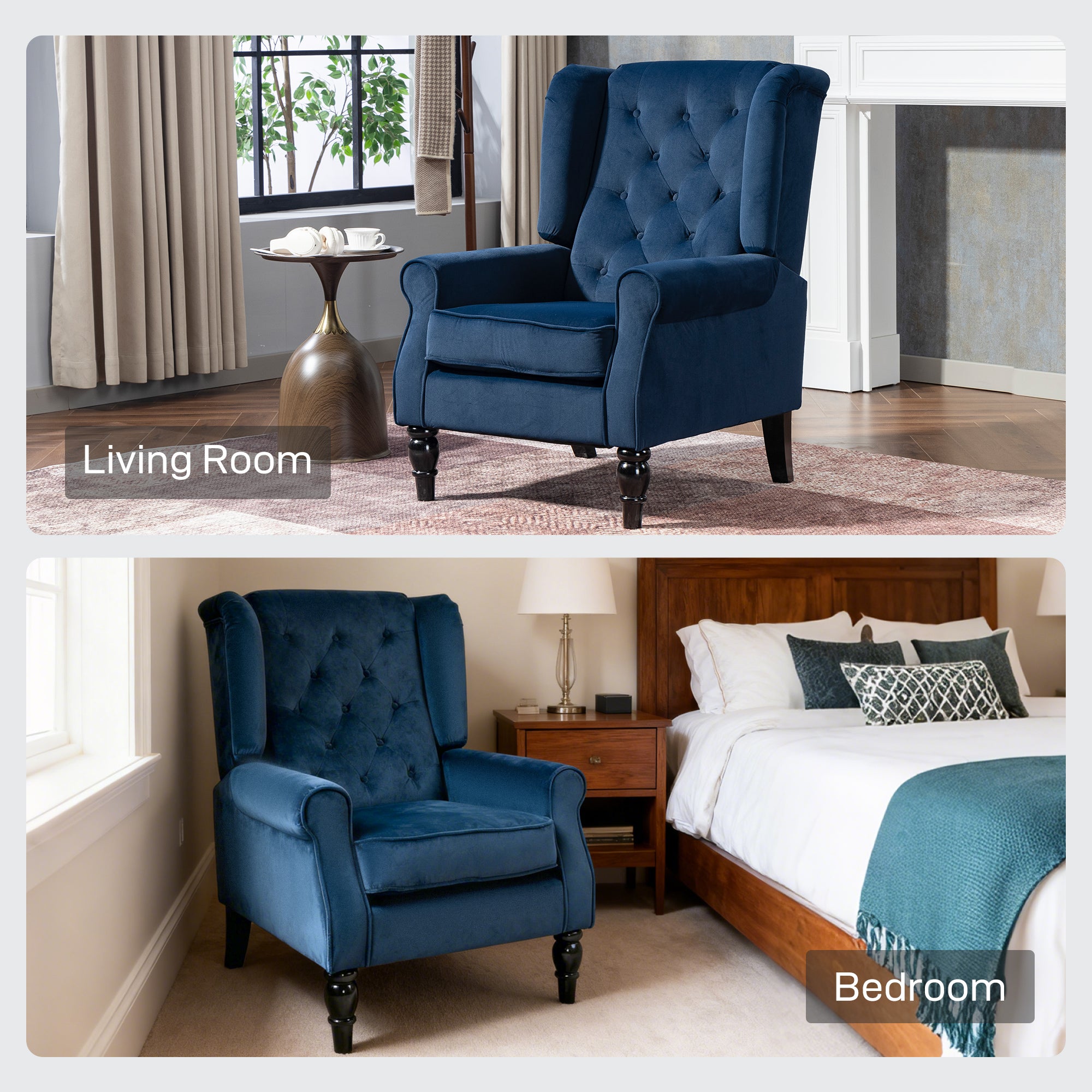 HOMCOM Wingback Accent Chair, Retro Upholstered Button Tufted Occasional Chair for Living Room and Bedroom, Dark Blue 