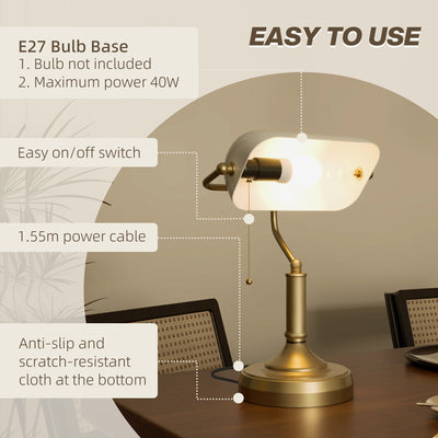 HOMCOM Banker's Desk Lamp with Antique Bronze Tone Base, Table Lamp with White Glass Shade for Home Office, White 