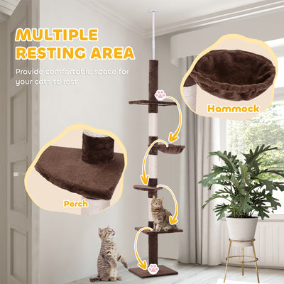 PawHut Floor to Ceiling Cat Tree for Indoor Cats 5-Tier Kitty Tower Climbing Activity Center Scratching Post Adjustable Height 230-260 cm Brown 