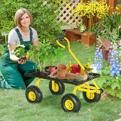 Outsunny Garden Trolley Cart, Heavy Duty Garden Cart with Metal Frame, 10" Pneumatic Wheels, Rotating Handle, 150kg Capacity, for Garden, Farm, Yellow 