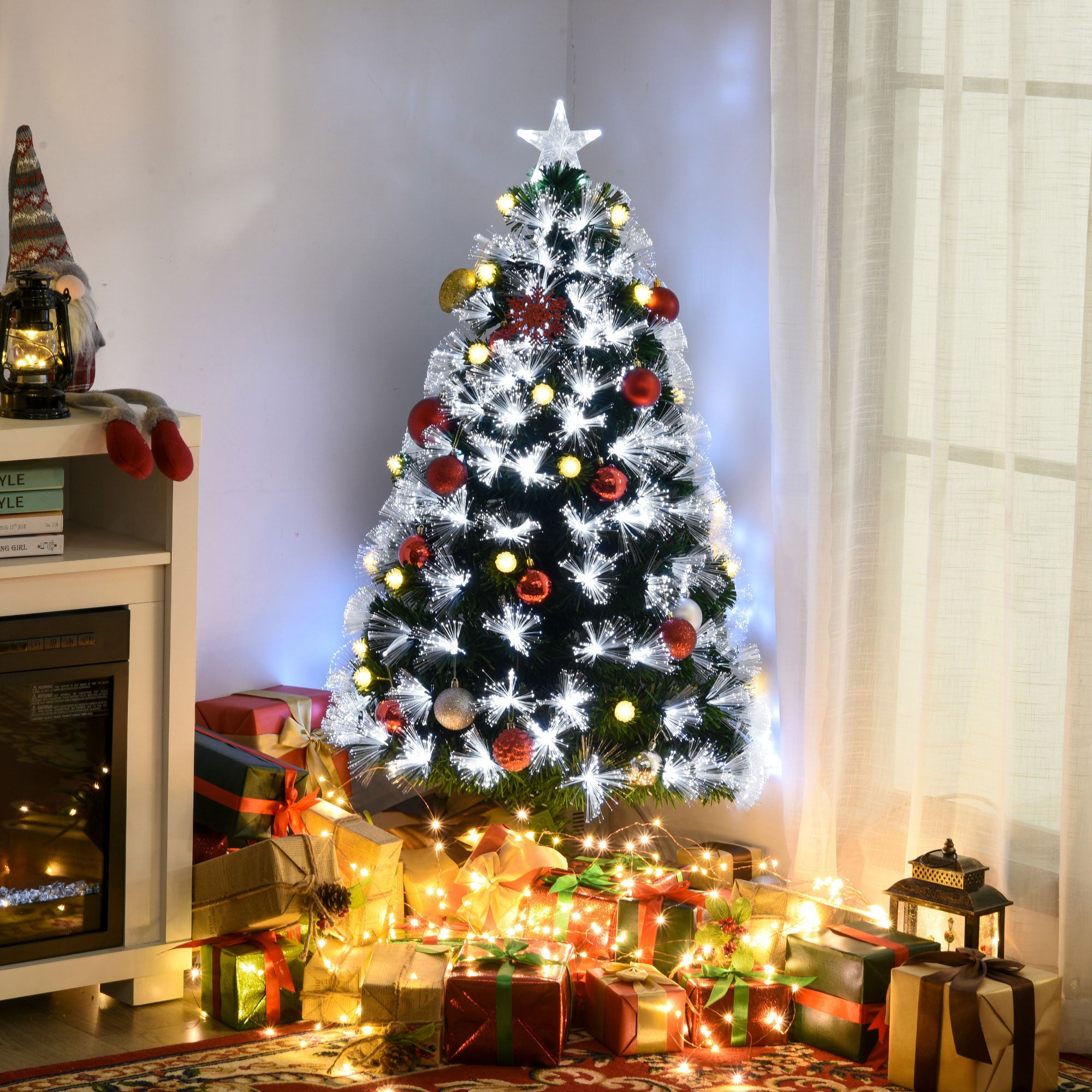 HOMCOM 4ft White Light Artificial Christmas Tree w/ 130 LEDs Star Topper Tri-Base Full Bodied Seasonal Decoration Pre-Lit Home 