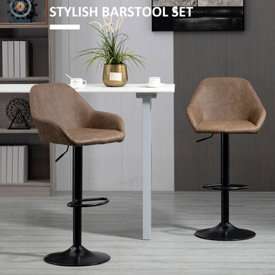 HOMCOM Bar Stools Set of 2, Height Adjustable Swivel Barstools, PU Leather Kitchen Stools with Backs, Armrests and Footrest for Home, Counter and Dining Room, Dark Brown 