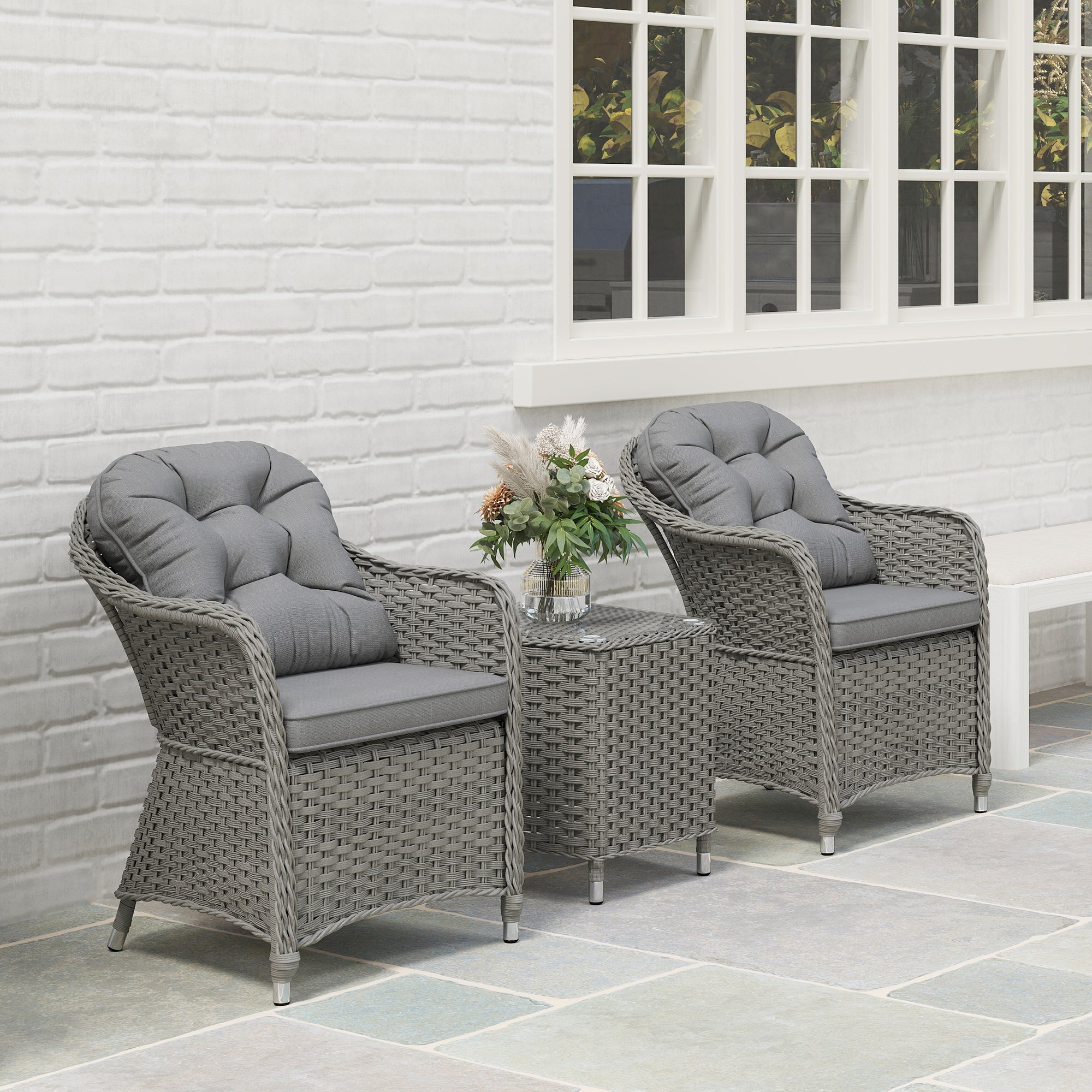 Outsunny Three-Piece Super Padded Rattan Set - Light Grey 