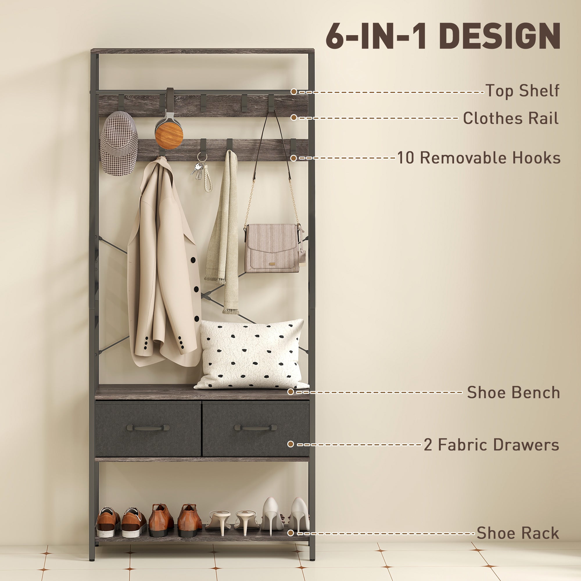 HOMCOM Coat Rack with Shoe Storage, Hall Tree, Industrial Coat Stand with Shoe Bench, 10 Removable Hooks, 2 Fabric Drawers and Clothes Rail for Entryway, Hallway, Grey 