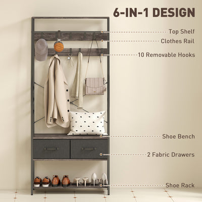 HOMCOM Coat Rack with Shoe Storage, Hall Tree, Industrial Coat Stand with Shoe Bench, 10 Removable Hooks, 2 Fabric Drawers and Clothes Rail for Entryway, Hallway, Grey 