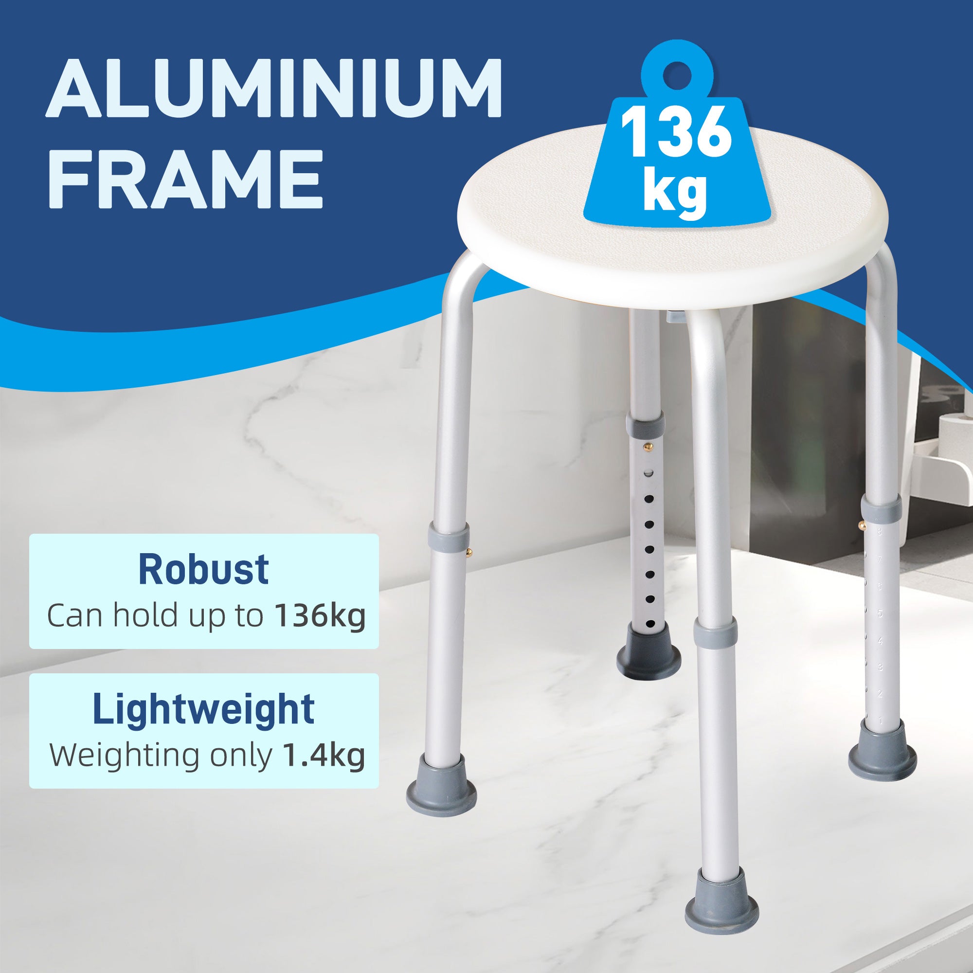 HOMCOM Shower Chair, Height Adjustable Aluminium Shower Stool with Non-Slip Feet for Disabled, Elderly, White 