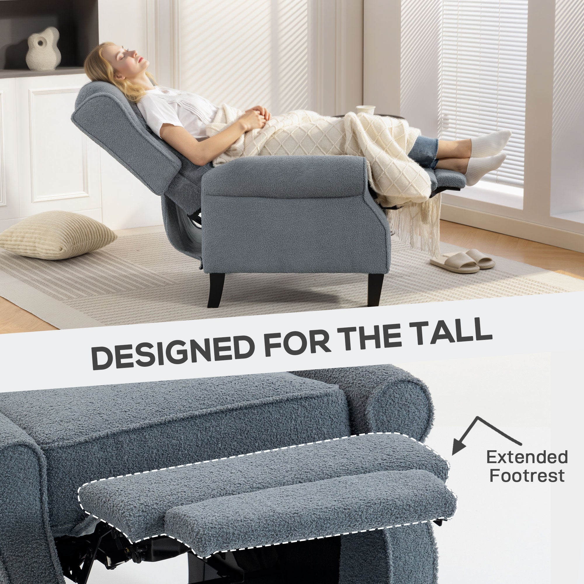 HOMCOM Recliner Armchair with Extended Leg Rest - Grey 