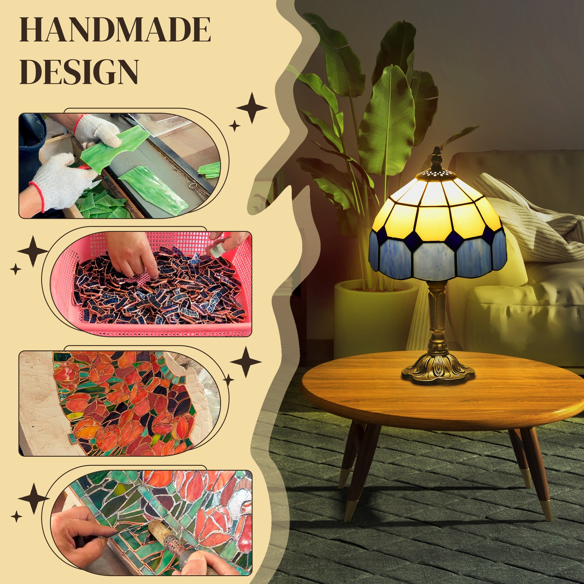 HOMCOM Handmade Stained Glass Table Lamp, Antique Bedside Lamp for Bedroom, Living room, Home, Nightstand, Decorative Night Light, Blue 