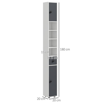 kleankin 180cm Slim Bathroom Cabinet, with Drawer, Shelves and Cupboards - Grey 