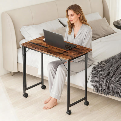 HOMCOM Folding Small Desk on Wheels - Rustic Brown 