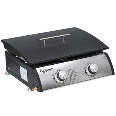Outsunny Portable Tabletop Gas Plancha Grill w/ 2 Stainless Steel Burner, 10kW, Non-Stick Griddle for BBQ Camping Picnic Party 