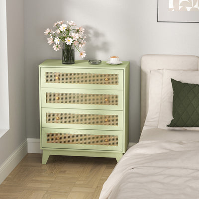 HOMCOM Chest of Drawers, 4-Drawer Storage Organiser Unit with Rattan Element for Bedroom, Living Room, Light Green 