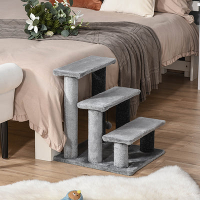PawHut 3-step Pet Stairs with Scratching Posts, Platforms, Toy Ball, Grey 