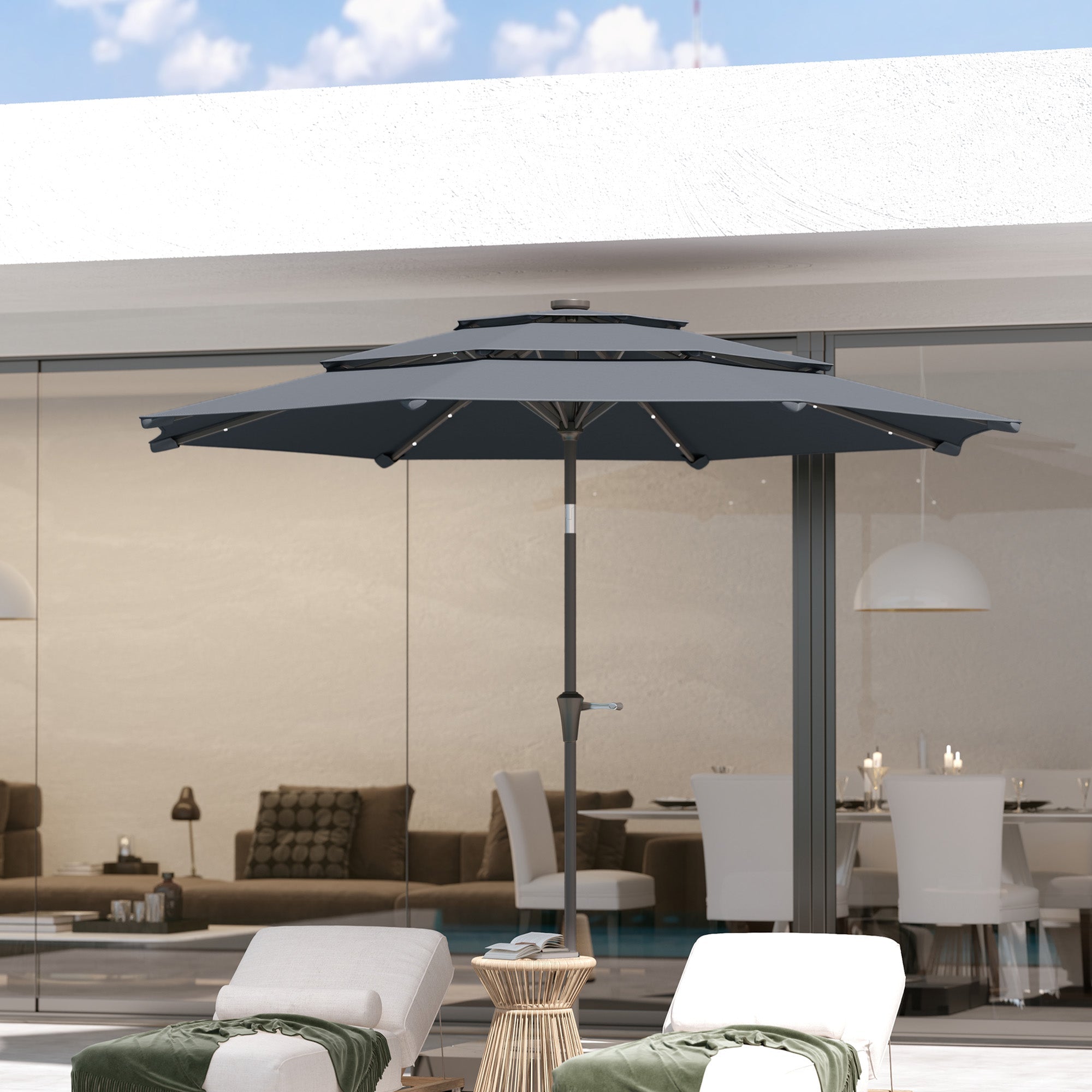 Outsunny 3-Tier Garden Parasol with Solar LED Lights, UPF 30+, Tilt Mechanism & Crank Handle, for Market Terrace, Dark Grey 