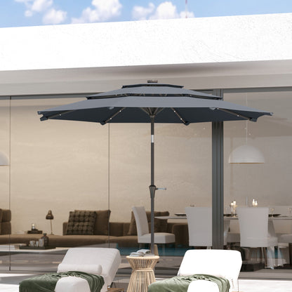 Outsunny 3-Tier Garden Parasol with Solar LED Lights, UPF 30+, Tilt Mechanism & Crank Handle, for Market Terrace, Dark Grey 