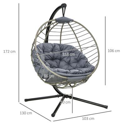 Outsunny PE Rattan Swing Chair, Outdoor Hanging Chair with Metal Stand, Thick Padded Cushion, Foldable Basket and Cup Holder, for Indoor and Outdoor, Grey 