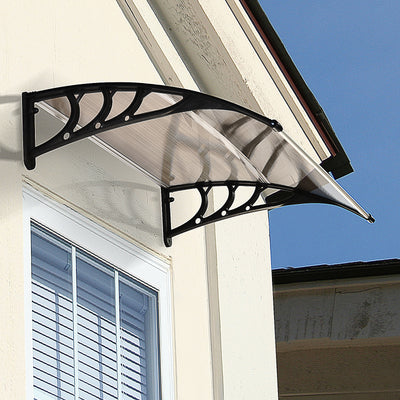 Outsunny Curved Window Door Canopy Aluminium Rigid Plastic Polycarbonate Fixed Outdoor Awning Modern Design UV Water Rain Resist 120 x 75cm Brown 