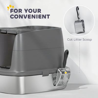 PawHut Large Stainless Steel Litter Box, Enclosed Metal Cat Litter Tray with Scoop, Deodoriser Bag, Front-Entry and Top-Exit