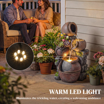 Outsunny Outdoor Fountain with 4-Tier Rustic Pots & Planter, Garden Fountain with LED Lights, Rustic Brown 