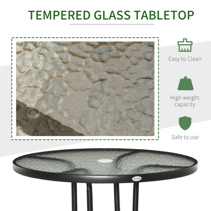 Outsunny Outdoor φ80cm Round Dining Table Tempered Glass Top Steel Frame Bistro Coffee End Side Table Garden w/ Parasol Hole 