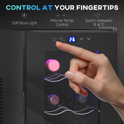 HOMCOM Mini Wine Fridge, 8 Bottle, 21L, 26.5cm, Freestanding and Under Counter, Quiet Wine Cooler Fridge with Glass Door, LED Light, Digital Touch Screen, Temperature Control 