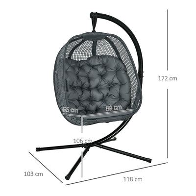 Outsunny Outdoor Swing Chair with Thick Padded Cushion, Patio Hanging Chair with Metal Stand, Egg Chair with Foldable Basket, Cup Holder, for Indoor and Outdoor, Dark Grey 