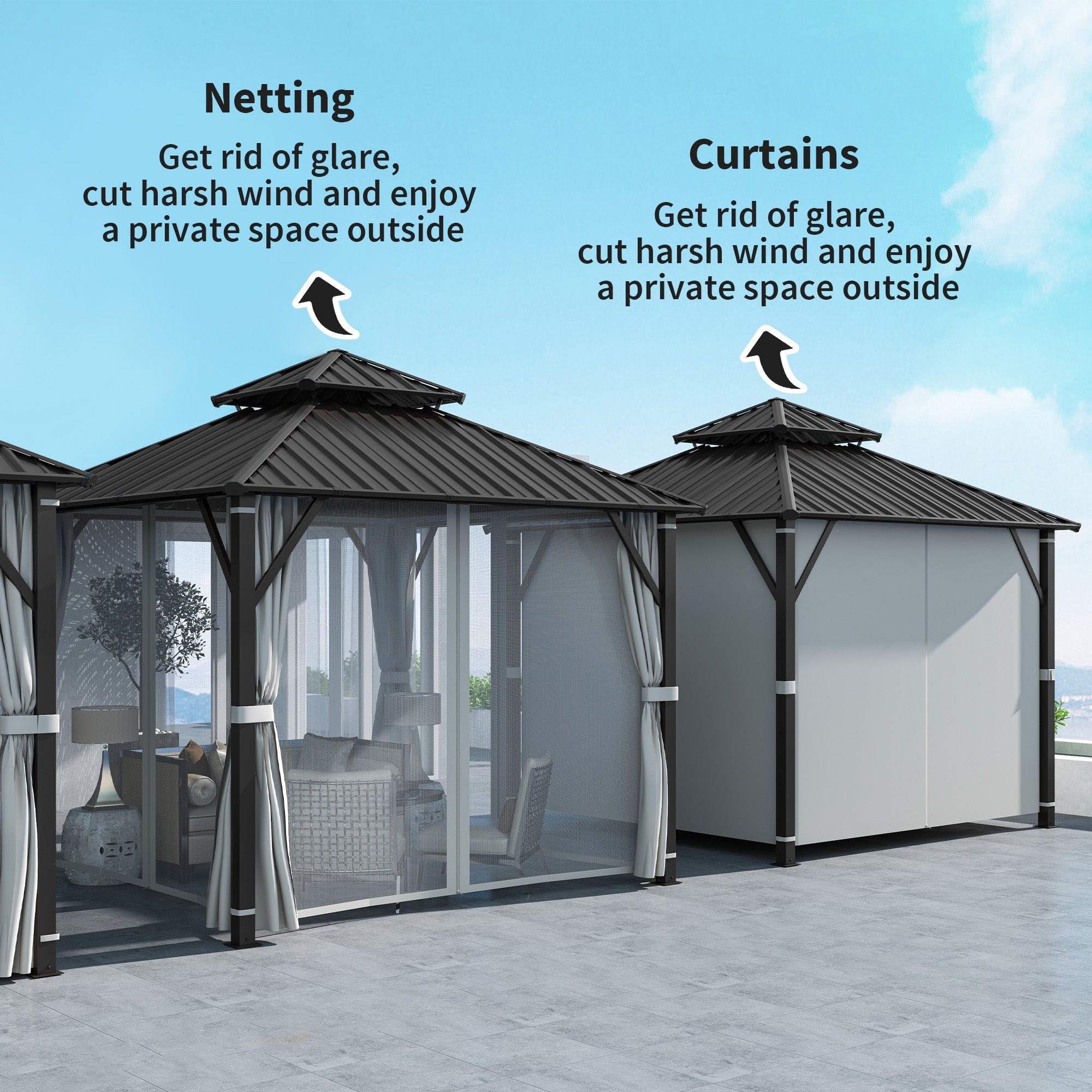 Outsunny 3 x 3(m) Hardtop Gazebo Canopy with Double Metal Roof, Waterproof Permanent Pavilion Garden Gazebo with Netting and Curtains, Easy to Assemble 