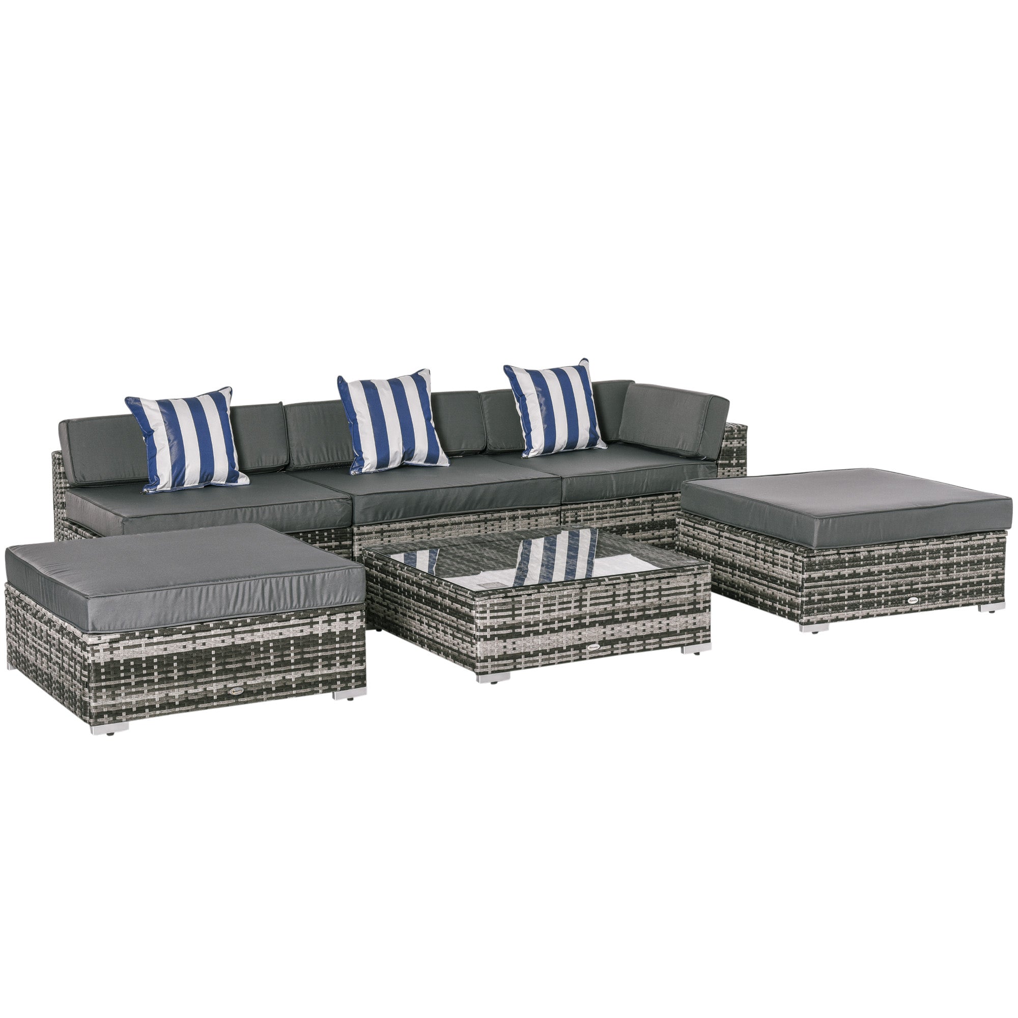 Outsunny 6 PC Rattan Sofa Coffee Table Set Sectional Wicker Weave Furniture for Garden Outdoor Conservatory w/ Pillow Cushion Grey 