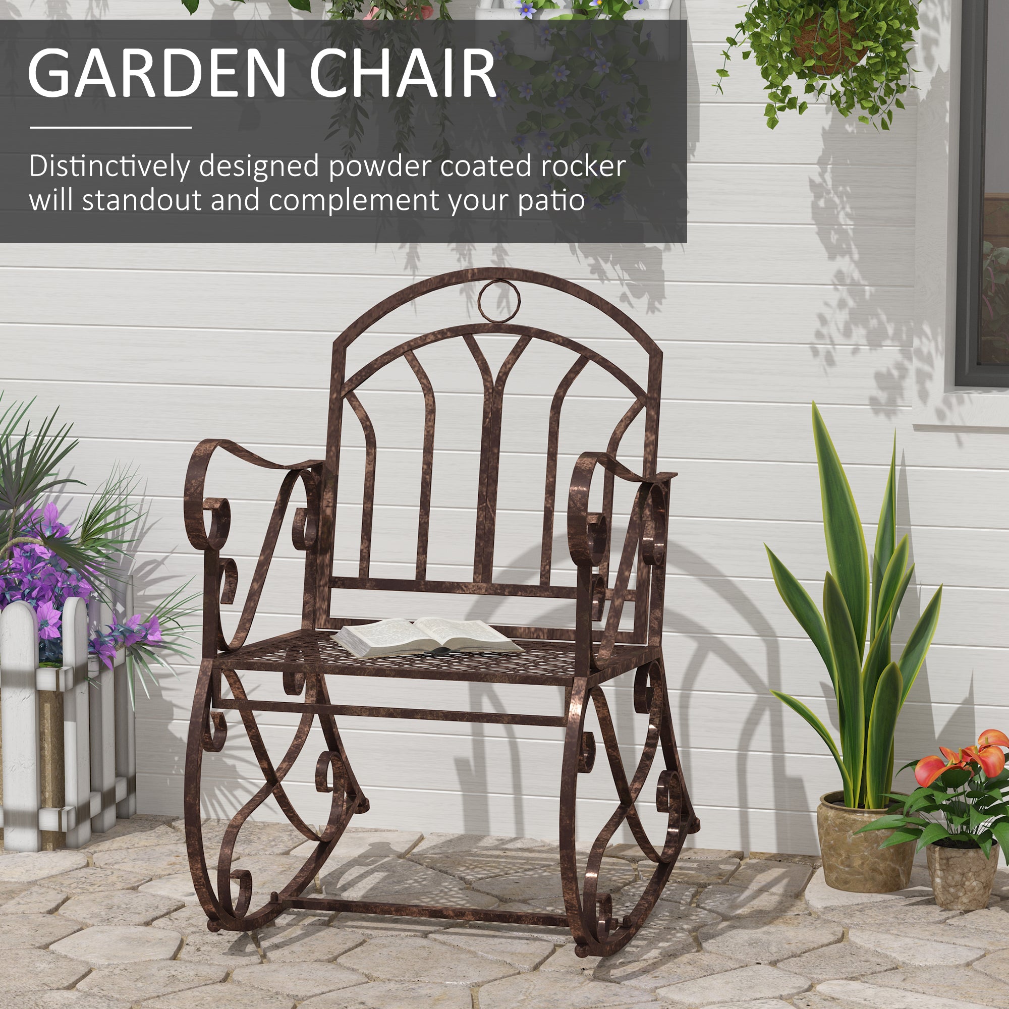 Outsunny Metal Single Chair 1 Seater Garden Outdoor Rocking Chair Vintage Style Bronze 
